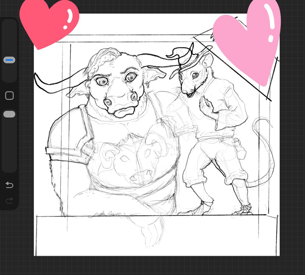 Work in progress sketch of a armored lady minotaur leaning on a market stall counter looking over at the wizard lady ratfolk thats standing on the same counter leaning into her and talking . Theres lottle hear emojis on the top corners and the stall is drawn very roughly. 