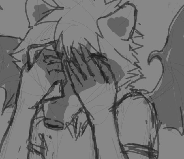 
Kcs raccoonbat fursona holding their phone and covering their face.