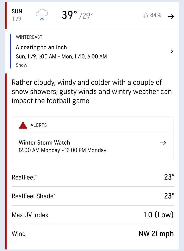 This Sunday, weather will be SEVERE WEATHER WARNING with 23° feels-like and up to 6” of snow. 