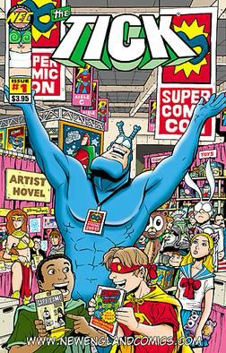 A comic book cover showing The Tick at a comic convention. As usual, The Tick is happy and effusive, throwing both arms in the air and smiling. The Tick is substantially taller and more muscular than everyone else, and wearing a skintight bright blue super suit (no cape). 