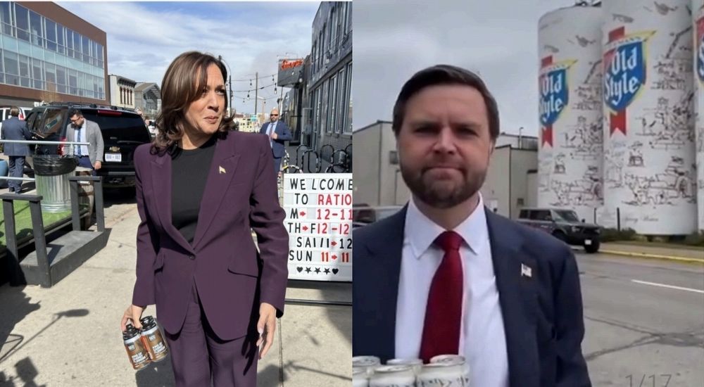 Right side Kamal Harris walking down a sidewalk with a 6 pack. Left side JD Vance holding a 6 pack in front of tanks that look like cans. 