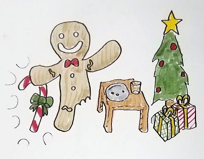 The same gingerbread man, now smiling, supports himself with a shiny new bow-bearing candy cane. Next to him are a Christmas tree with boxed gifts underneath and a table bearing an empty glass alongside a plate with a few crumbs.