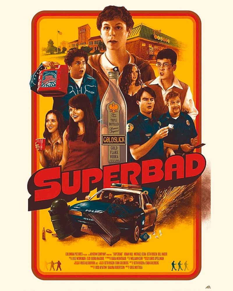 A "Superbad" movie poster design turned into a puzzle with scenes and characters grouped together and the title Superbad across the middle.