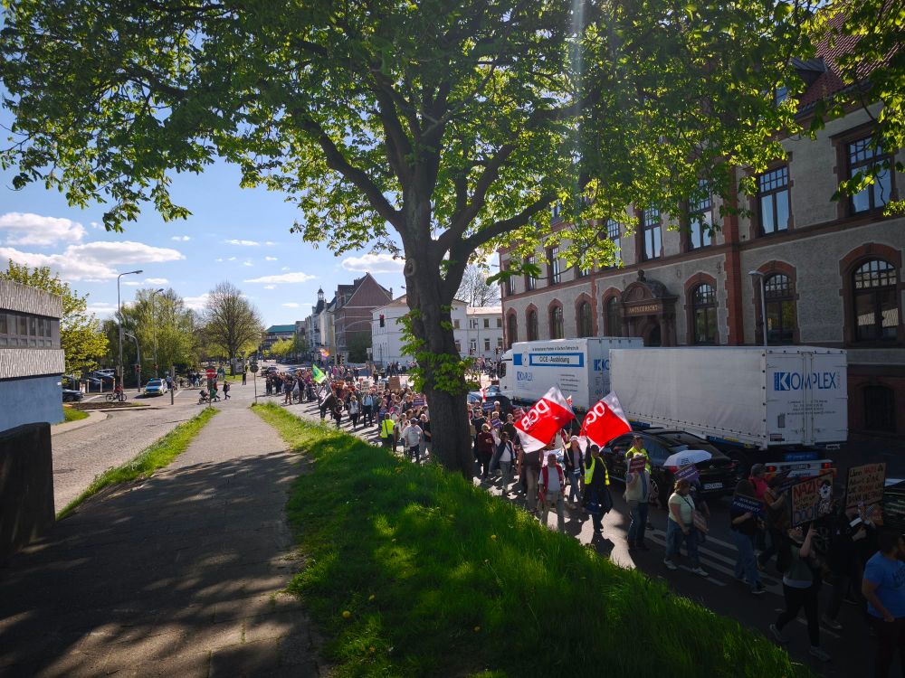 Der antifaschistische Protestmarsch in Cuxhaven vom Deich fotografiert. 