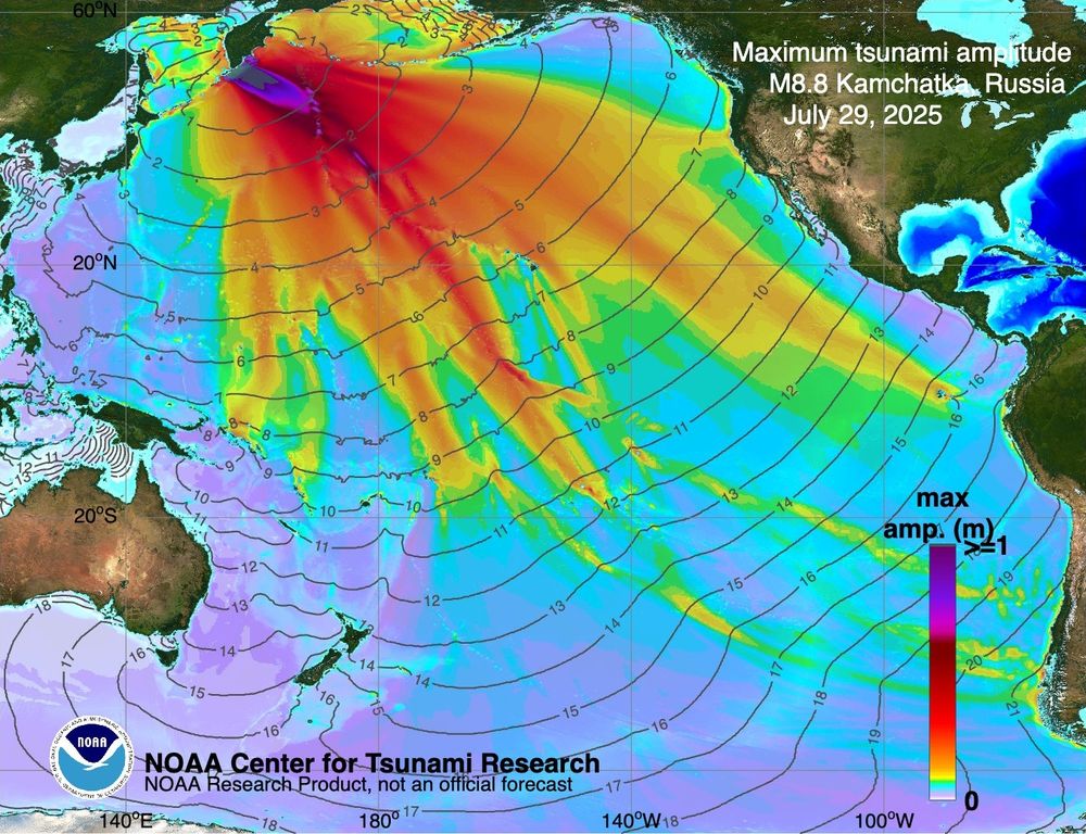 Color map of the entire Pacific Ocean, with colors representing tsunami wave height in the open ocean, and contour lines showing the tsunami wave front in elapsed hours after the earthquake. 