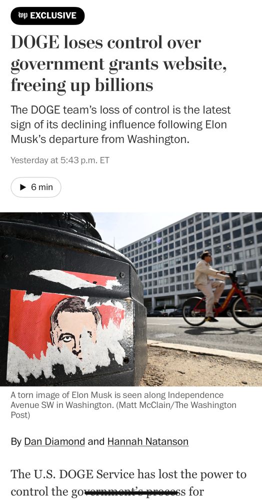 Screenshot of Washington post headline reading “DOGE loses control over government grants website, freeing up billions”
