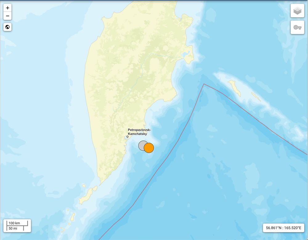 map of southern Kamchatka peninsula, with earthquake epicenters plotted offshore Petropavlovsk. Russia. 