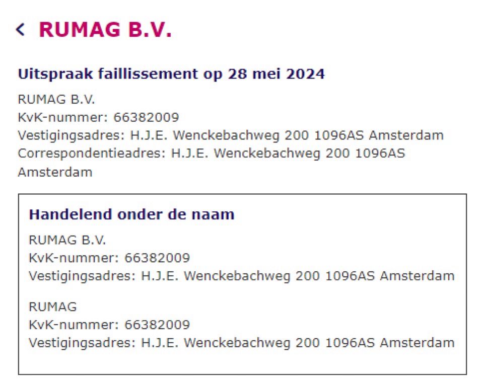 Uitspraak faillissement RUMAG BV