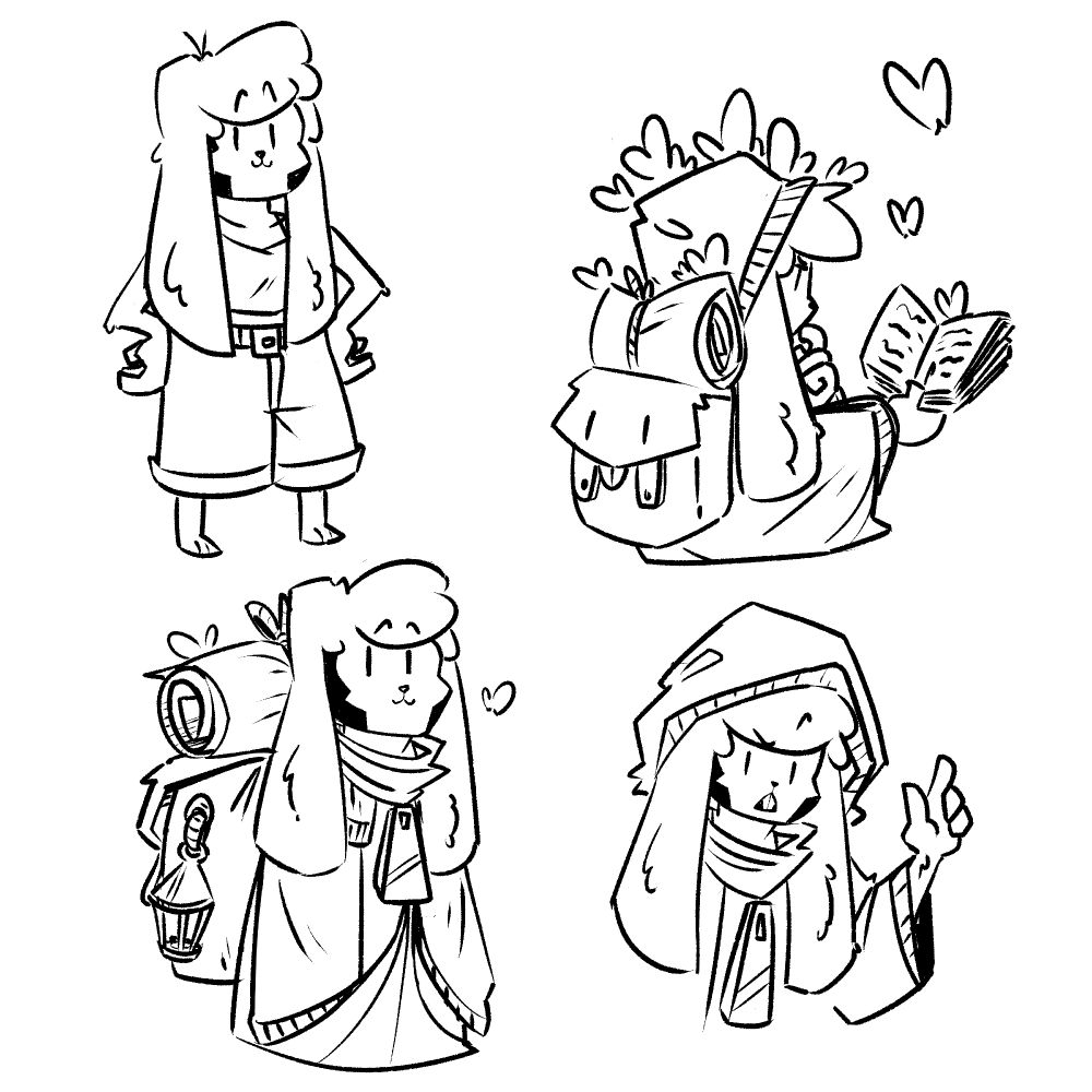 Original character Mascarpone Roquefort, the Moth-Tender Rabbit. She's a short anthropomorphic rabbit with curly bobbed hair and long floppy ears. Her face has patches of black fur that surround and contrast with her white fur, making the appearance of a skull in full profile. She's portrayed in 4 different poses. The top left pose shows her in casual attire and hands on her hips in confident posture. She wears a tank top and big wide-legged trousers that are cut perfectly above the ankle with a belt that keeps it held on her waist. The bottom left pose shows her in more travel-ready attire, her arms relaxed as she slouches forward to center her weight. She wears an oversized hoodie that goes down to her feet, with a large zipper pull dangling from below the scarf around her neck. She also carries a backpack almost as big as her, a lantern and a knapsack securely fashioned on it. The top left pose shows her crouched on the ground and quizzically reading a book, little moths roosting all over her in collected gatherings. The bottom right shows her with her hood pulled over her head, as she holds a wary finger up in front of her, suggesting that her party may need to be exercise caution.