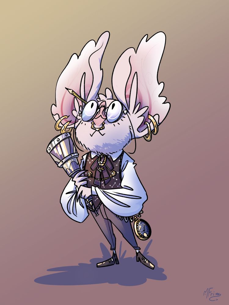 A commission made of an OC for the the TTRPG, Wanderhome. They're a ghost bat named, Sterling Silverwing. They're studious and awkward and also an astronomer. They have big, pink, flared ears that are pierced with 2 golden hoop earrings on each side, a sharpened pencil nestled atop one of them in scholarly fashion. They have a golden septum piercing and large and expressive glasses that are tethered together around the back of their neck for practicality. They wear a vest adorned with modest constellations, a small gold chain pinned and hanging across both halves and layered above a crested emblem betwixt their collar - underneath, a billowy long-sleeved blouse. They also wear skinny trousers that stop at the ankles, small and narrow dress shoes, and an heirloom golden pocket watch that hangs from a small chain, dangling off the side of their hip. They hold a  monocular telescope, about half the height of their body, between two hands in eager anticipation. They look upward into the sky, a warm smile on their fuzzy face.
