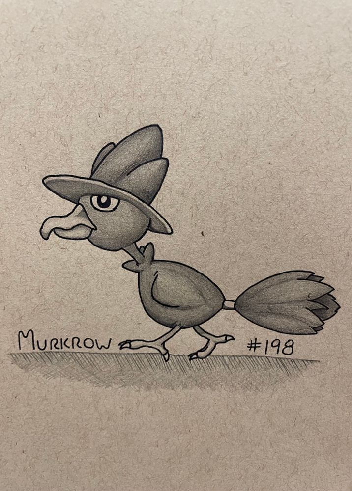 Illustration in black ink and pencil of the pokemon Murkrow walking along the ground.  A corvid with bushy tail feathers and what appears to be a wide brim witch hat made of more feathers.