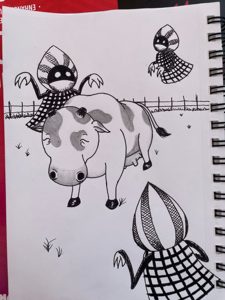 A warm up illustration of a cow grazing in a field, surrounded by “Them”, an alien race you can encounter in The Legend of Zelda: Majora’s Mask.

They are floating hooded figures with pointy heads, checkered bodies, and long gangly arms.  There are three of them, stalking the cow in an attempt to abduct it.