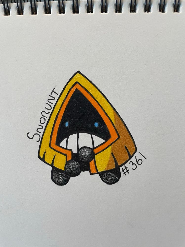 An illustration in black ink and colored pencil of the pokemon Snorunt.  A weird little creature that appears to be wearing a yellow hood with orange trim.  It has two blue eyes and teeth that go on for days.
