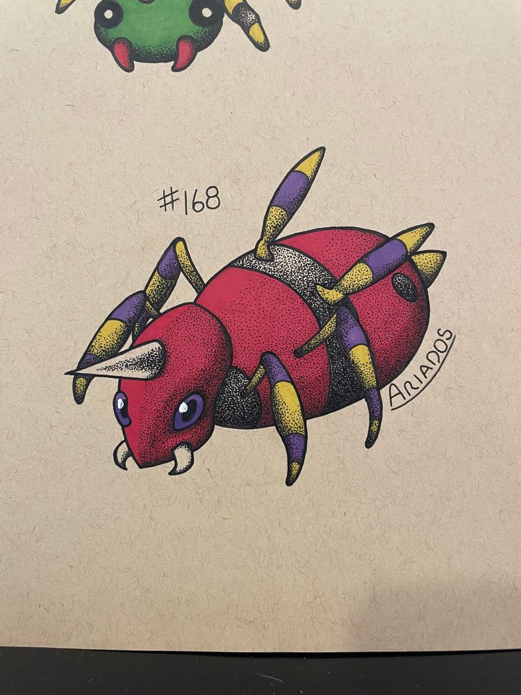 An illustration in black ink and red, yellow, and purple sharpie of the pokemon Ariados. 

Allegedly a spider, Ariados has four legs, a stinger, and a large horn on its head.  It’s body is red and its appendages are all striped with yellow and purple.