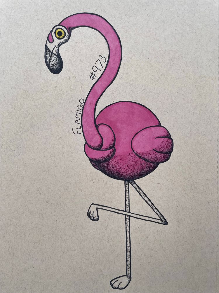 An illustration in black ink and pink/yellow sharpie of the pokemon Flamigo. 

Flamigo is a flamingo. Literally picture a flamingo with its neck tied in a knot and that’s Flamigo!
