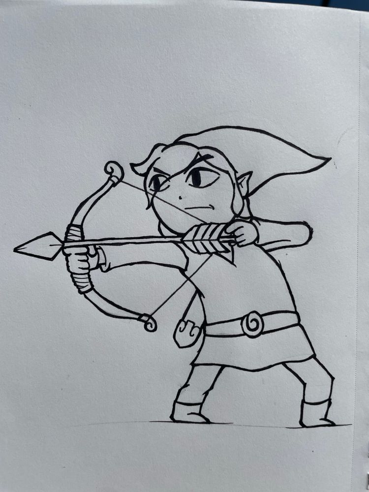 An illustration in black ink of Link from the Legend of Zelda: Wind Waker.  

Link is a boy in a tunic and a pointed hat, he is drawing a bow, ready to fire an arrow.