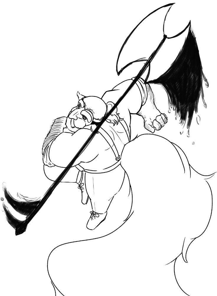 Myr, in the middle of an action, mid air, rotating on his shoulders an axe thats twice his size and emits what appears to be liquid shadows in the opposite direction of how it is getting spun.