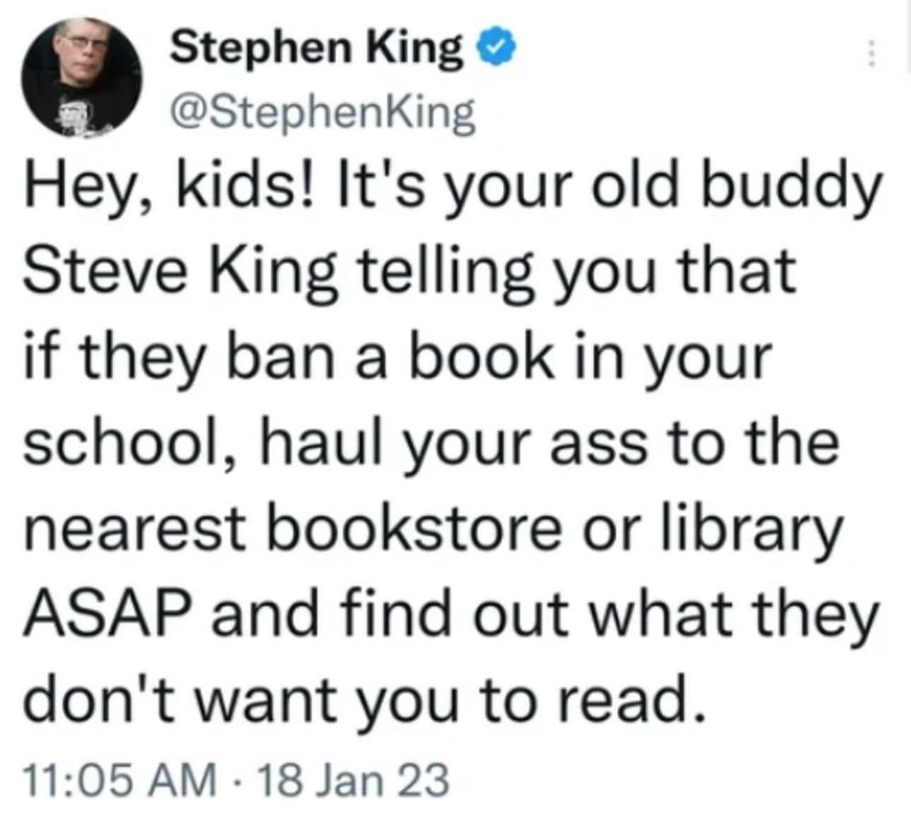 Message from Stephen King advising people to go to the library to read all the banned books