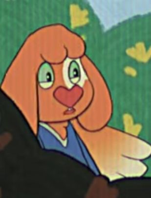 A bunny with angel wings, a cute brown fur with one big white spot over their left eye, green eyes, scared, with a heart shaped nose, hiding partially behind a bush in a cartoon meadow.