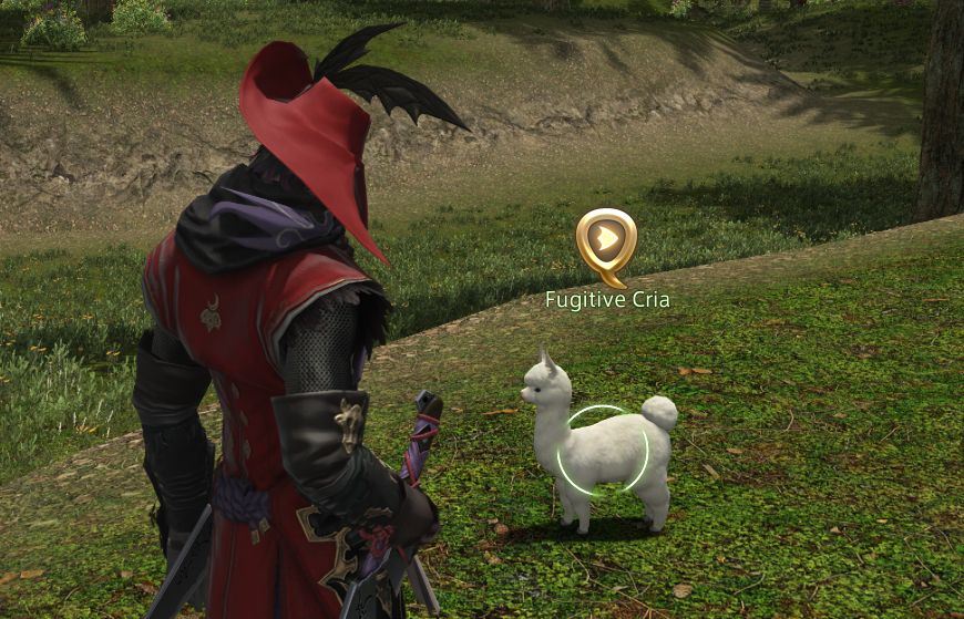 An excerpt from a screenshot of Final Fantasy XIV.
The cursor has highlighted a tiny young alpaca who is part of a quest. The name shown over the alpaca is "Fugitive Cria".