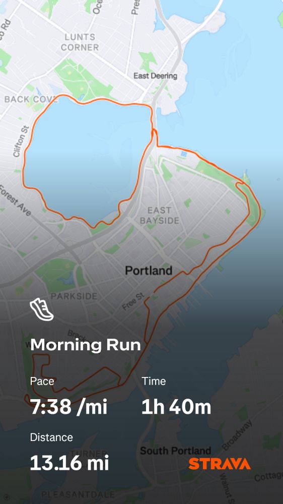 An export from Strava of my half-marathon in Portland, Maine.  It shows the race course in the background, with an overlay showing a pace of 7:38, a total time of 1 hour 40 minutes, and a distance of 13.16 miles.