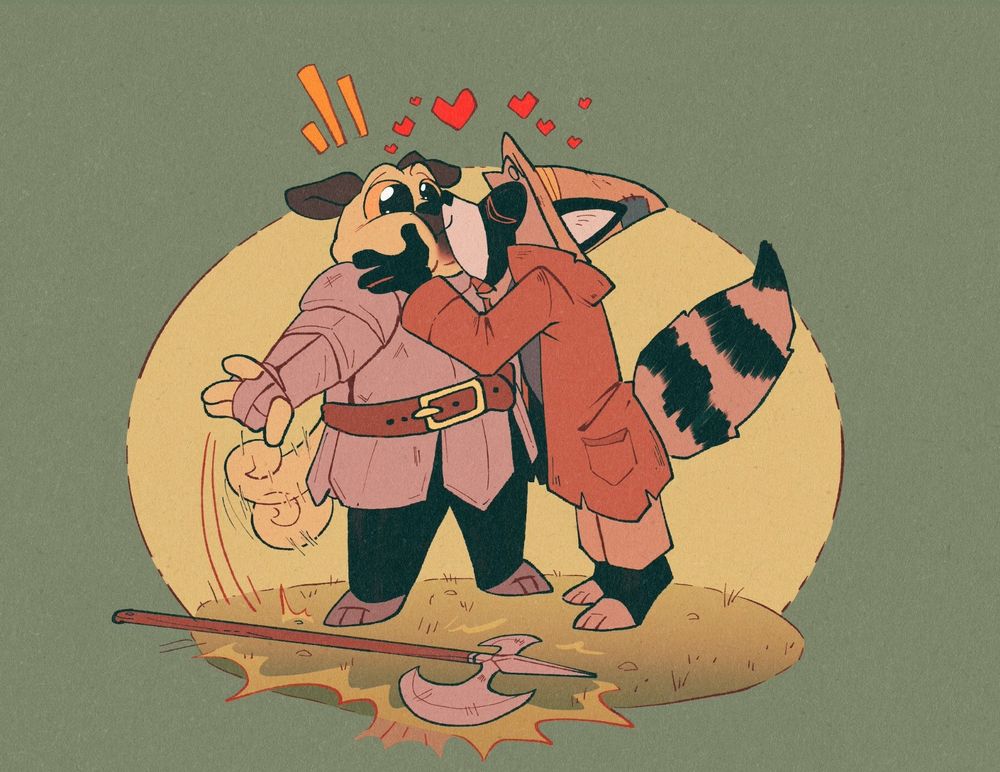 Art of Grumley, a pug knight, and Booker, a vagabond raccoon, smooching, from the Avantris runned TTRPG campaign Uprooted 