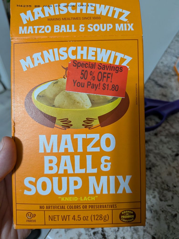 Photo of a box of Manischewitz matzo ball and soup mix