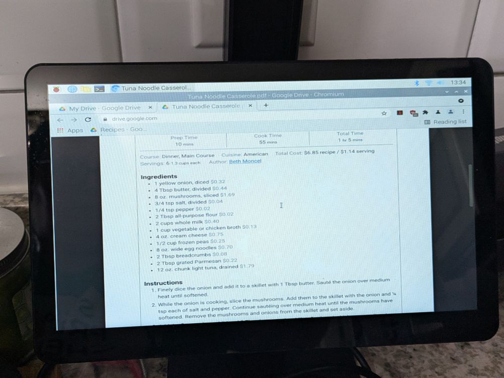 Photo of a small touchscreen with part of a recipe displayed