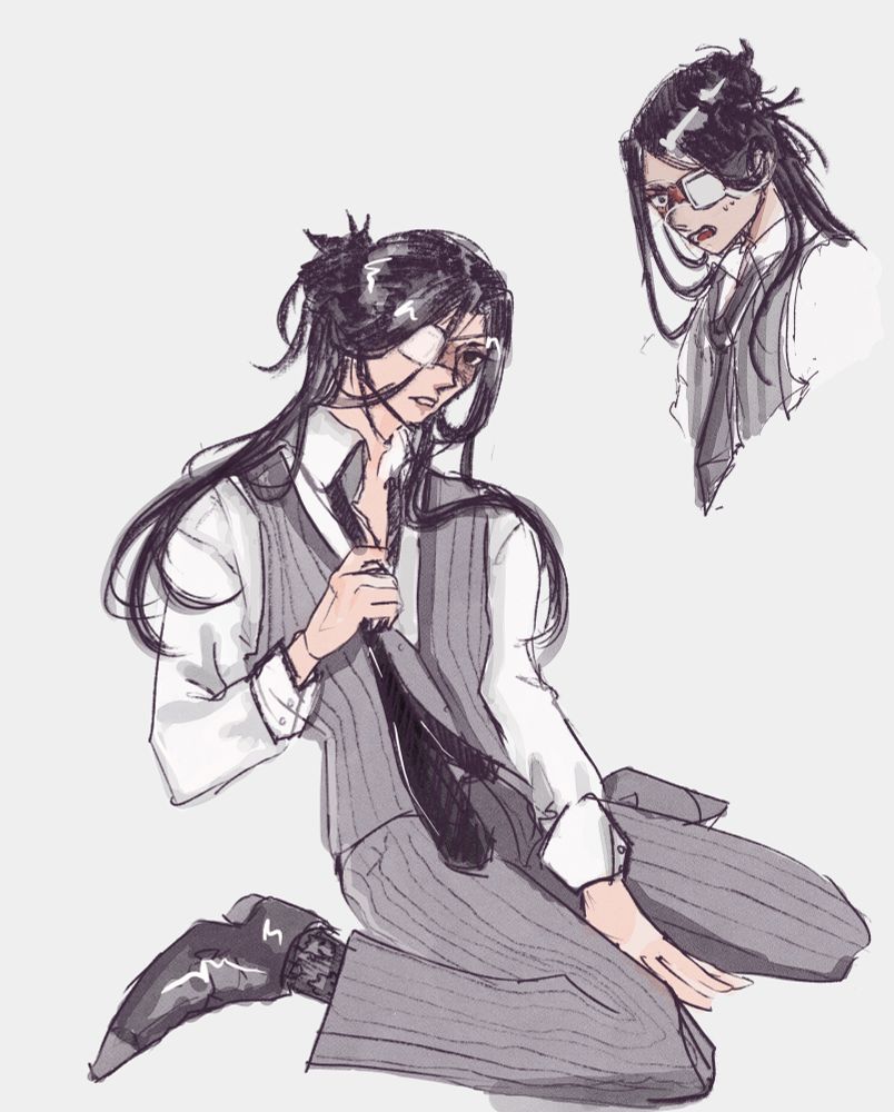 A drawing of a man with long black hair half tied up in a suit with scarring across his upper face and an eye patch over his left eye.