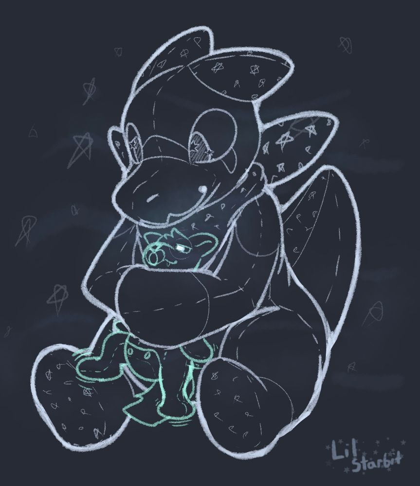 Big star patterned plush kobit holding a smol critter. The critter is in a onesie and has a pacifier. The air has starry mist in it, and the critter looks to be in a blissful daze.