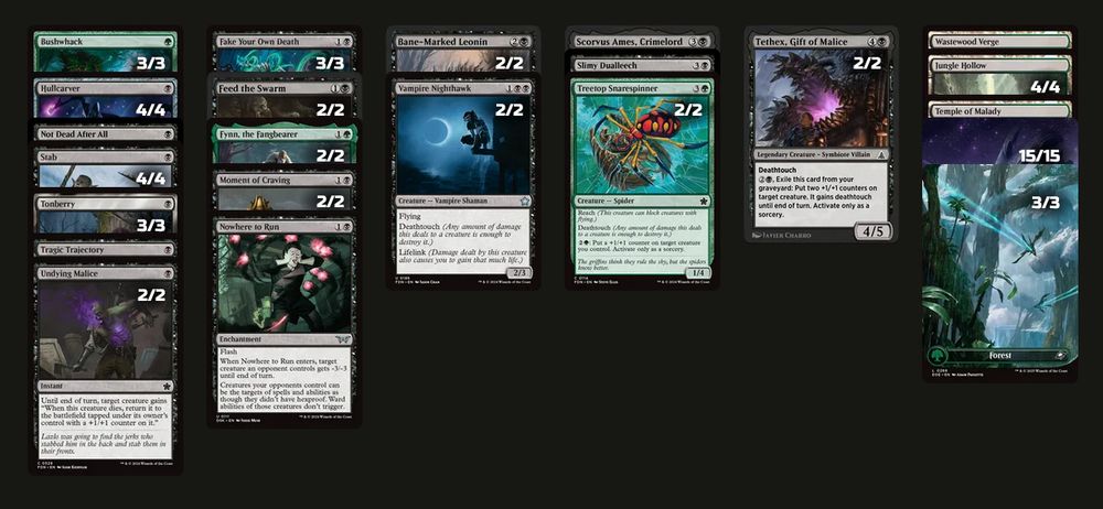 About
Name Deathtouch

Deck
3 Forest
15 Swamp
2 Vampire Nighthawk
1 Temple of Malady
4 Jungle Hollow
2 Moment of Craving
2 Feed the Swarm
2 Fynn, the Fangbearer
2 Undying Malice
3 Fake Your Own Death
3 Bushwhack
1 Not Dead After All
1 Slimy Dualleech
1 Nowhere to Run
4 Stab
2 Treetop Snarespinner
1 Wastewood Verge
3 Tonberry
4 Hullcarver
1 Tragic Trajectory
2 Bane-Marked Leonin
1 Scorvus Ames, Crimelord
2 Tethex, Gift of Malice