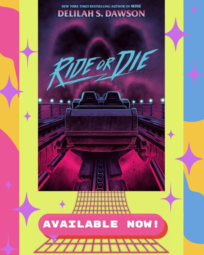 The book Ride or Die is pictured against some bright 80s/90s graphics for some reason. Why? Who could guess? It is a mystery known only to the ancients and those who once visited Showbiz Pizza. Mayhaps you buy it and find out.