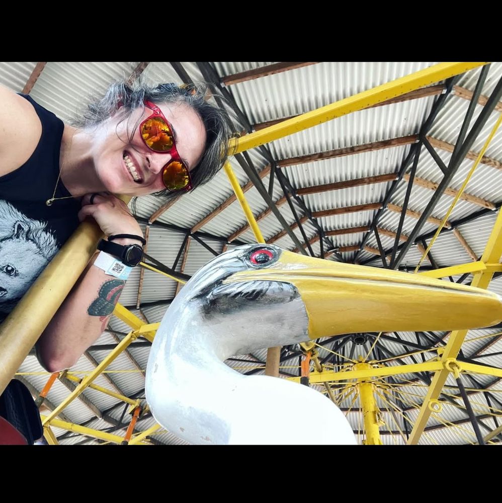 Delilah rides a heron on the endangered species carousel at the Indy Zoo because it is the most on-brand thing possible. She is wearing cheap red sunglasses that she bought for $20 at the zoo because it was just too much work to go back up to her hotel room.