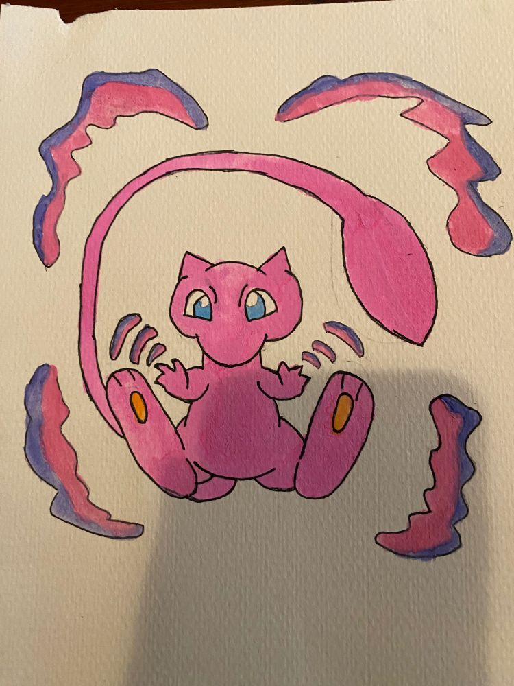 Watercolor painting of a Mew from the tcg pocket 2 star card
