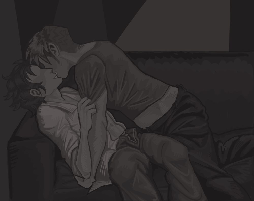 Caspar and sylvain, presumably at a party scene, kissing and laying on the couch with one another. Sylvain is grabbing Caspar by the shirt, pulling him in closer.