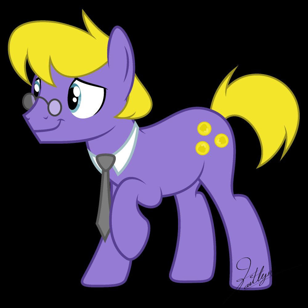 A purple earth pony with yellow hair. He's wearing small glasses and a necktie.