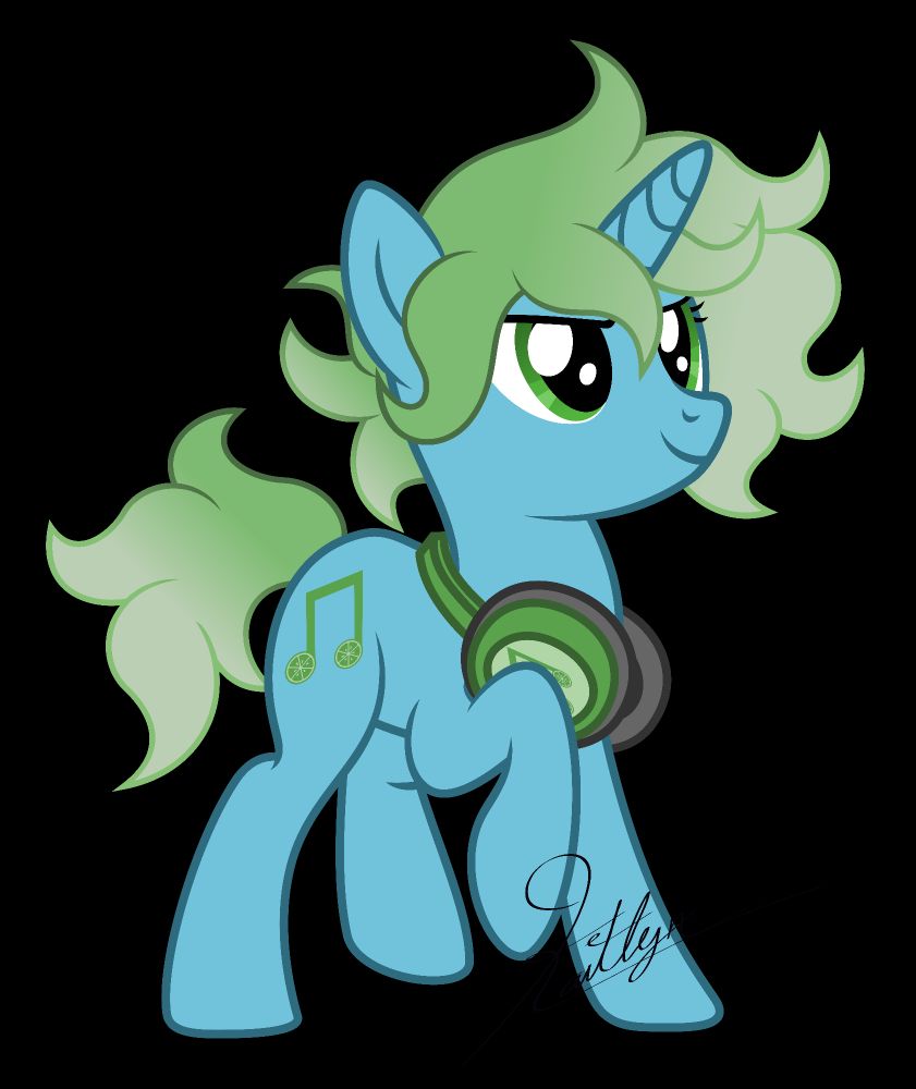 a blue Unicorn with headphones around their neck. Green hair and a pair of green running notes with limes at the bottoms as a cutie mark.