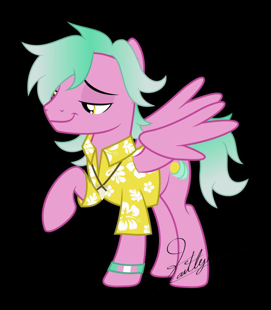 A pegasus stallion with a surfer-type look. His demeanor portrays his laid-back attitude. He's wearing a trans wristband, a shark tooth necklace and an aloha shirt that matches his eyes.