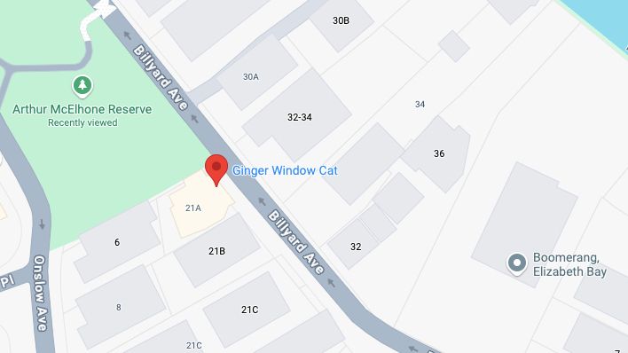 a screenshot of google maps with a pin labelled 'ginger window cat'