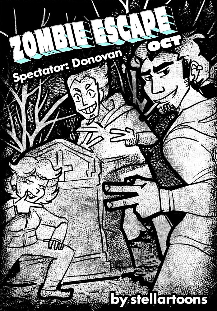 Cover titled ZOMBIE ESCAPE OCT Spectator: Donovan, shows Donovan pre zombie with his friends posing in front of a gravestone