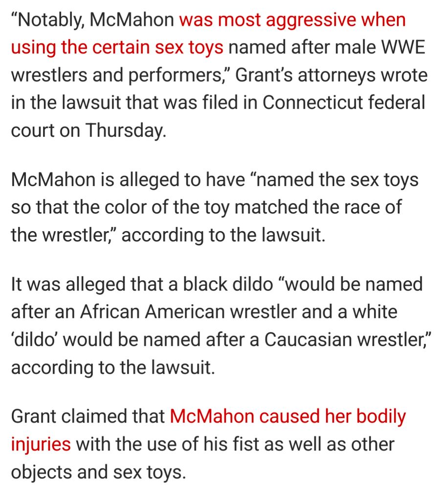 Screenshot of nypost explaining that in the WWE sex trafficking lawsuit, it is alleged that he referred to sex toys of different colors as different wrestlers based on their race 