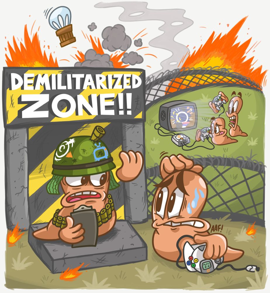 A worm, holding a Dreamcast controller, looking worried at the entrance of a Demilitarized Zone, where another worm wearing a helmet and holding a clipboard is asking for his papers. The DMZ area is surrounded by barbed wire. Within the DMZ is a pair of Worms playing Worms World Party on a Dreamcast console. Outside of the DMZ in the distance is fire, explosions, smoke and a crate floating down via a parachute.