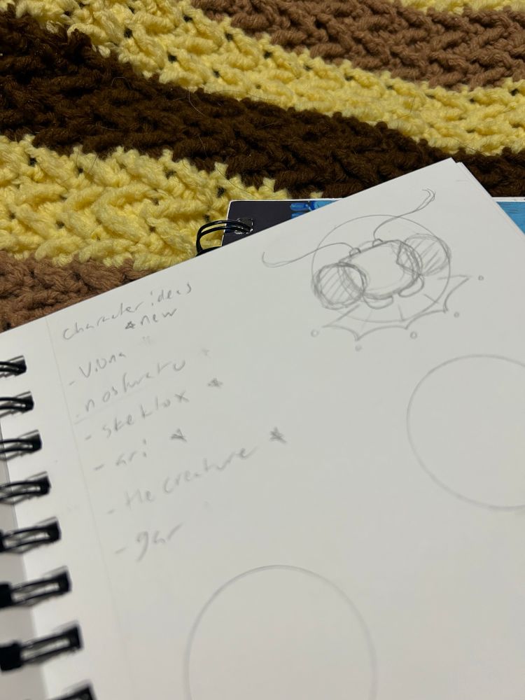 A picture of my sketchbook. This page features a list of characters that I have to make new reference sheets of for Artfight. Artfight is an online character drawing challenge. To the side of this list is a start for a portrait of one of the characters on my list - Nosfuratu. Nosfuratu is my previous dnd character. He is a dragonfly inspired bard.