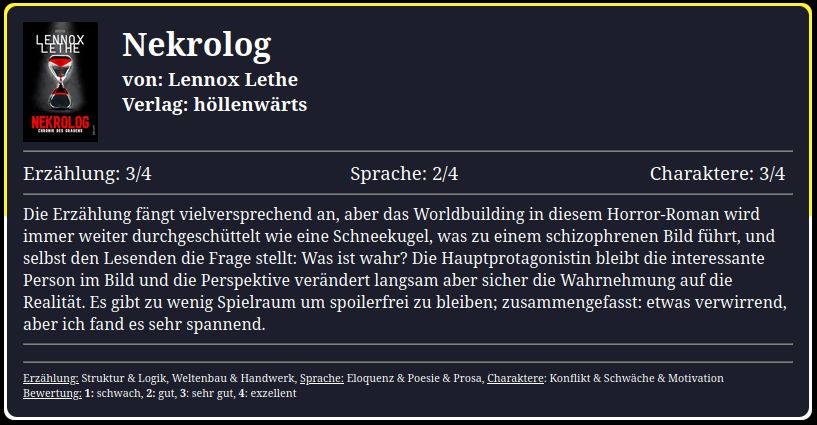 Die Erzählung fängt vielversprechend an, aber das Worldbuilding in diesem Horror-Roman wird immer weiter durchgeschüttelt wie eine Schneekugel, was zu einem schizophrenen Bild führt, und selbst den Lesenden die Frage stellt: Was ist wahr? Die Hauptprotagonistin bleibt die interessante Person im Bild und die Perspektive verändert langsam aber sicher die Wahrnehmung auf die Realität. Es gibt zu wenig Spielraum um spoilerfrei zu bleiben; zusammengefasst: etwas verwirrend, aber ich fand es sehr spannend.