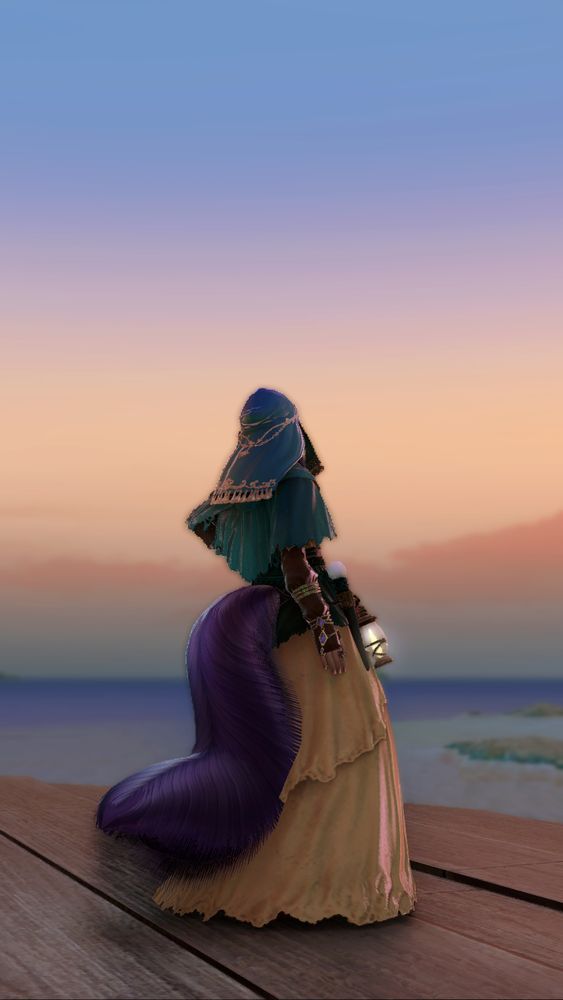 A screenshot from Final Fantasy XIV featuring a feminine Miqo'te with her hand on her hip, looking wistfully into the sunset in the background. The location is tropical, with the sunset overlooking a beach.