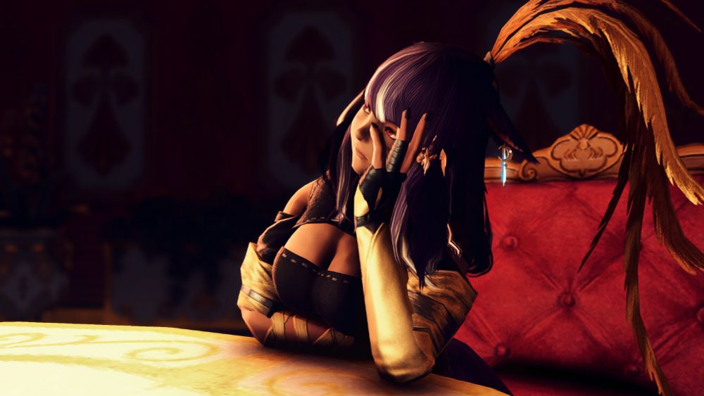 A screenshot from FFXIV depicting Sierra in an evening dress, leaning her her head on her hand. She looks despondent.