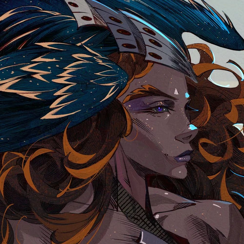 Portrait of a woman with long brown hair who had black-blue sings on her head. She's looking of to the side. The lighting makes it look like there are lots of small, starry details.

Art by Ellyrieve LVK, all rights reserved.