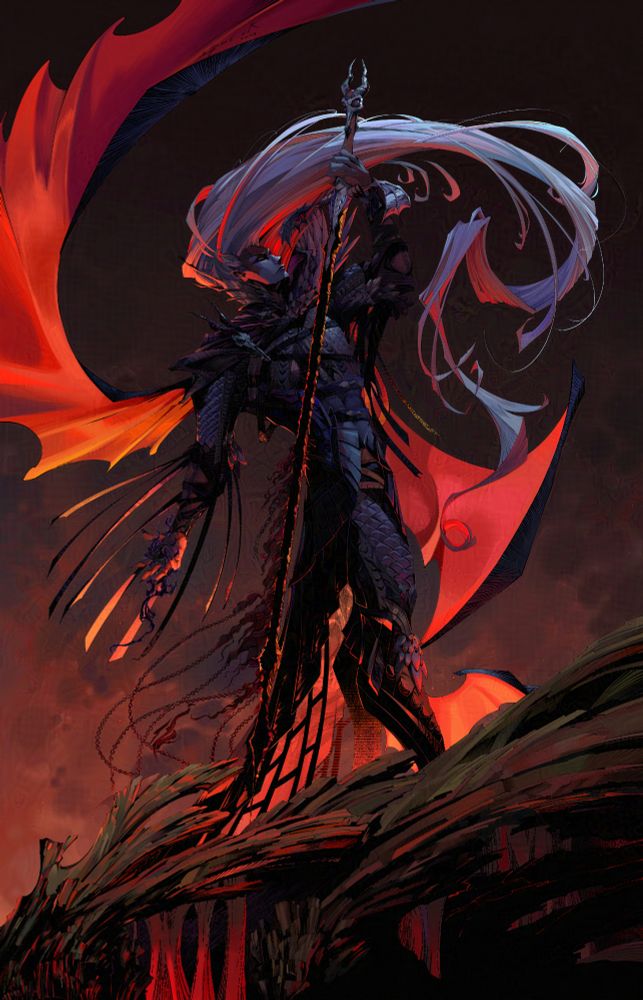 Fanart of Anomander Rake. A tall man stands in armour on top of a rocky cliff. The BG is dark red and loosely smoke filled 