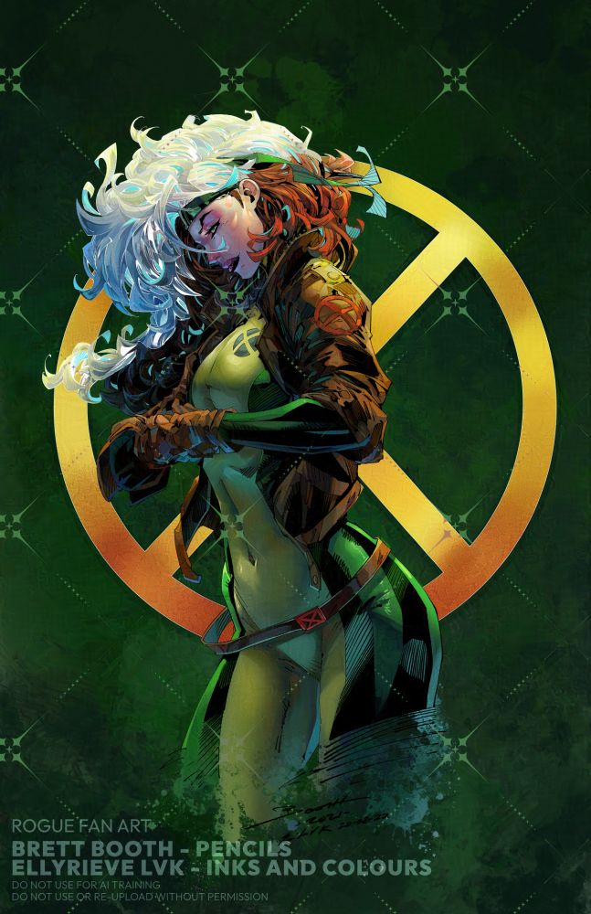 Fanart piece of Rogue from X-men. Pencils by Brett booth, inks and colours by Ellyrieve LVK 

Rogue, a woman with long curly brown hair with a white streak on the top, is facing the left side of the piece. Her arms are laxly raised in front on her as she fiddles with her gloves.

Her suit is painted with a grainy airbrush in order to give a sparkly and textured appearance to it. She wears a short brown leather jacket.