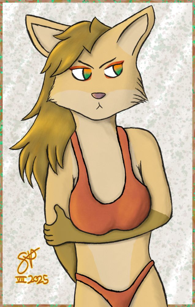 Drawing of a Fennec OC wearing a bra and strings